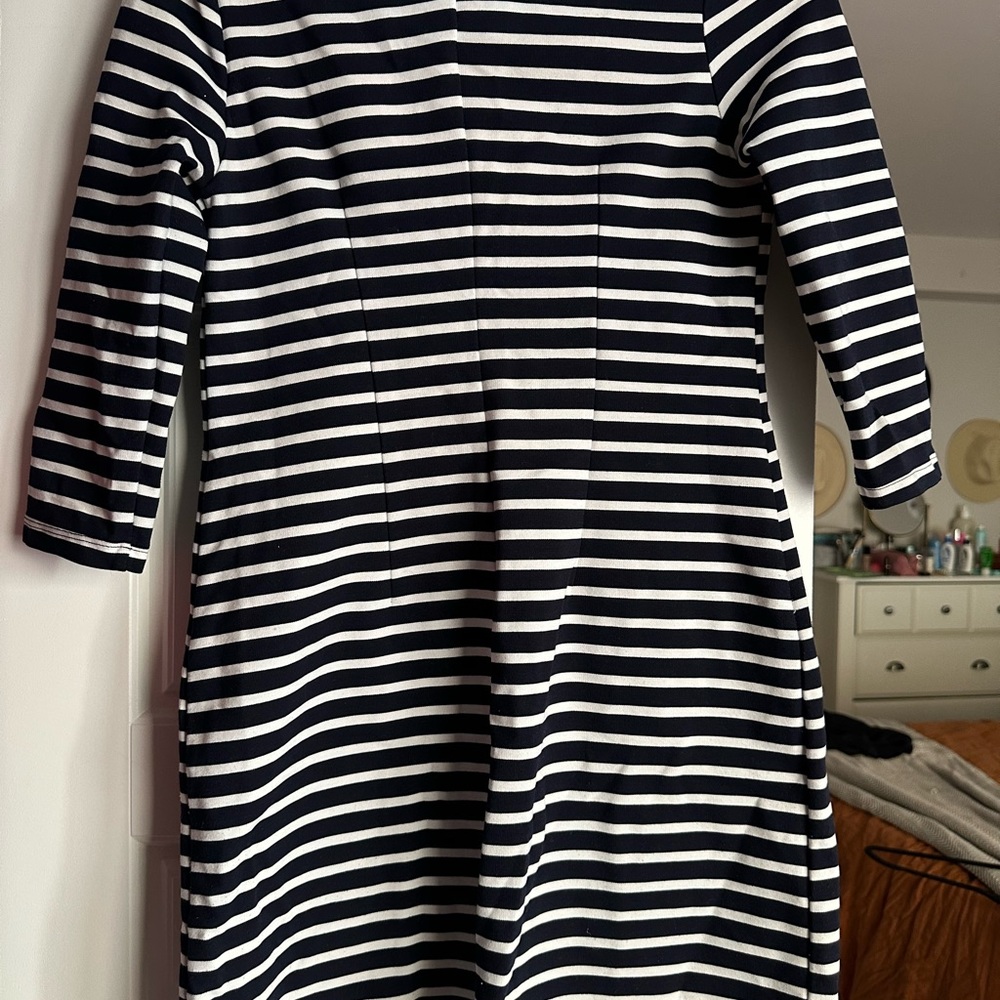 Navy and white striped sheath dress